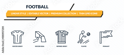 football icons set - soccer jersey, soccer goal, referee jersey, player, pennant outline vector collection.