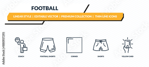 football icons set - coach, football shorts, corner, shorts, yellow card outline vector collection.