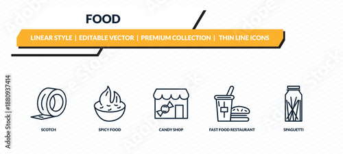 food icons set - scotch, spicy food, candy shop, fast food restaurant, spaguetti outline vector collection.