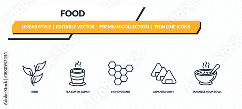 food icons set - herb, tea cup of japan, honeycombs, japanese sushi, japanese soup bowl outline vector collection.