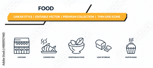 food icons set - cafe bar, cooked fish, vegetarian food, loaf of bread, muffin bake outline vector collection.
