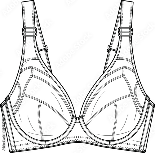 Women bra line art illustration, lingerie undergarment outline drawing, underwear fashion design, black and white vector isolated on white
