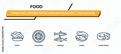 food icons set - foods, fuqi feipian, sardines, mussel, cheese wedge outline vector collection.