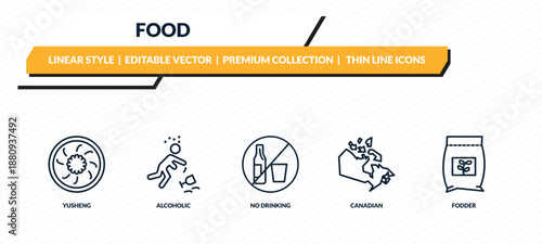 food icons set - yusheng, alcoholic, no drinking, canadian, fodder outline vector collection.