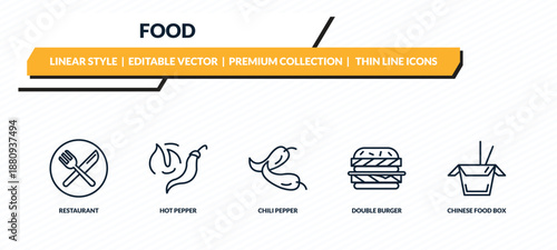 food icons set - restaurant, hot pepper, chili pepper, double burger, chinese food box outline vector collection.