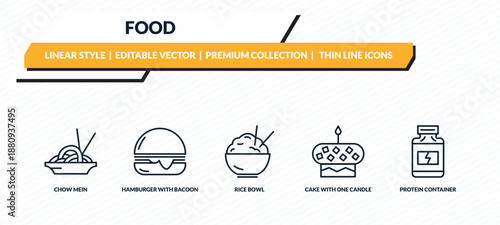 food icons set - chow mein, hamburger with bacoon, rice bowl, cake with one candle, protein container outline vector collection.