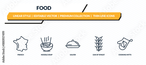 food icons set - french, noodle soup, salver, ear of wheat, cooking mitts outline vector collection.