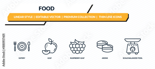 food icons set - eatery, leaf, raspberry leaf, arons, scale balanced tool outline vector collection.