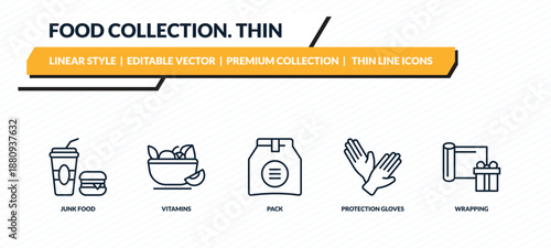 food collection. thin icons set - junk food, vitamins, pack, protection gloves, wrapping outline vector collection.