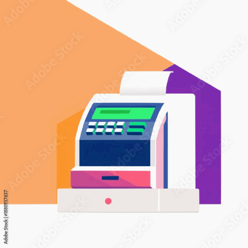 Colorful cash register with receipt printer in modern style  