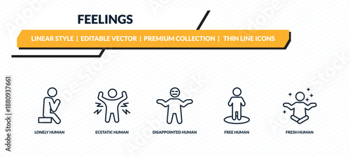 feelings icons set - lonely human, ecstatic human, disappointed human, free fresh outline vector collection.