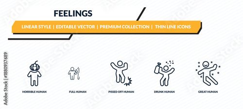 feelings icons set - horrible human, full human, pissed off human, drunk great outline vector collection.