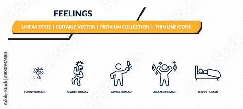 feelings icons set - funny human, scared human, awful human, amazed sleepy outline vector collection.