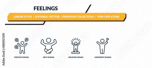 feelings icons set - positive human, sexy human, relieved human, confident accomplished outline vector collection.