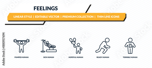 feelings icons set - pumped human, sick human, hopeful human, ready terrible outline vector collection.