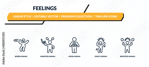 feelings icons set - bored human, annoyed human, good human, crazy irritated outline vector collection.