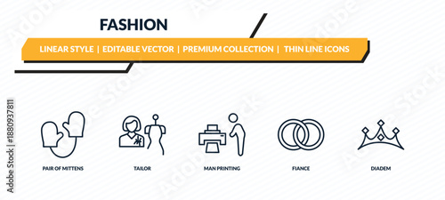 fashion icons set - pair of mittens, tailor, man printing, fiance, diadem outline vector collection.