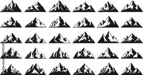 Mountain silhouette vector set, snowy peak logo collection, black alpine landscape icons, nature adventure clipart bundle, isolated illustration