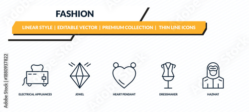 fashion icons set - electrical appliances, jewel, heart pendant, dressmaker, hazmat outline vector collection.