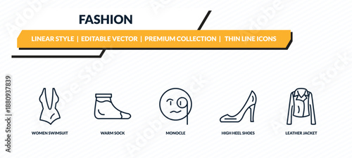 fashion icons set - women swimsuit, warm sock, monocle, high heel shoes, leather jacket outline vector collection.