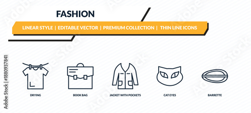 fashion icons set - drying, book bag, jacket with pockets, cat eyes, barrette outline vector collection.