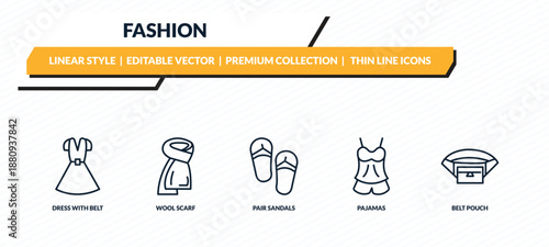 fashion icons set - dress with belt, wool scarf, pair sandals, pajamas, belt pouch outline vector collection.