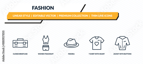 fashion icons set - closed briefcase, women tracksuit, fedora, t shirt with heart, jacket with buttons outline vector collection.