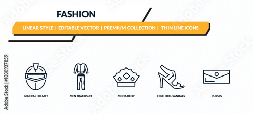 fashion icons set - general helmet, men tracksuit, monarchy, high heel sandals, purses outline vector collection.