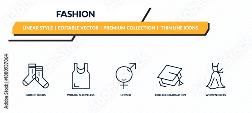fashion icons set - pair of socks, women sleeveless shirt, unisex, college graduation cap, women drees outline vector collection.