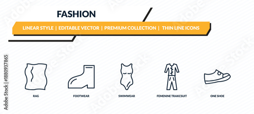 fashion icons set - rag, footwear, swimwear, femenine trakcsuit, one shoe outline vector collection.