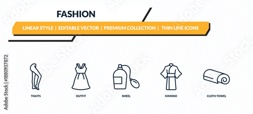 fashion icons set - tights, outfit, smeel, kimono, cloth towel outline vector collection.