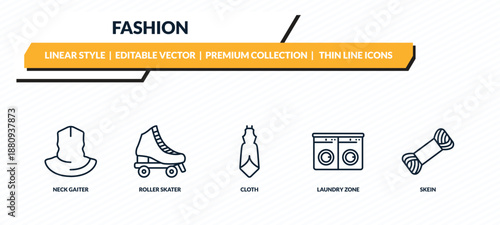 fashion icons set - neck gaiter, roller skater, cloth, laundry zone, skein outline vector collection.