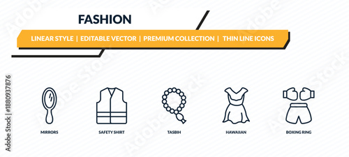 fashion icons set - mirrors, safety shirt, tasbih, hawaiian, boxing ring outline vector collection.