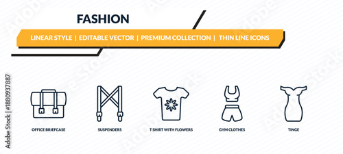 fashion icons set - office briefcase, suspenders, t shirt with flowers, gym clothes, tinge outline vector collection.