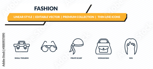 fashion icons set - small toolbox, , pirate scarf, woman bag, wig outline vector collection.