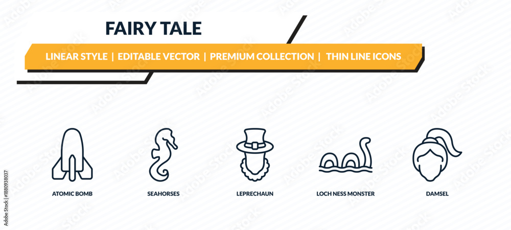 Εκτύπωση καμβά fairy tale icons set - atomic bomb, seahorses, leprechaun, loch ness monster, damsel outline vector collection