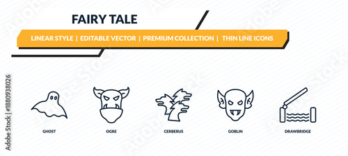fairy tale icons set - ghost, ogre, cerberus, goblin, drawbridge outline vector collection.