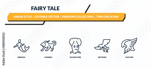 fairy tale icons set - merman, chimera, talking tree, gryphon, valkyrie outline vector collection.