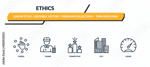 ethics icons set - choice, guard, competitive, city, gauge outline vector collection.