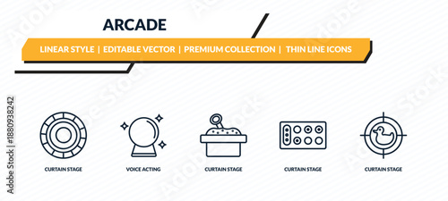 arcade icons set - curtain stage, voice acting, curtain stage, curtain stage, outline vector collection.