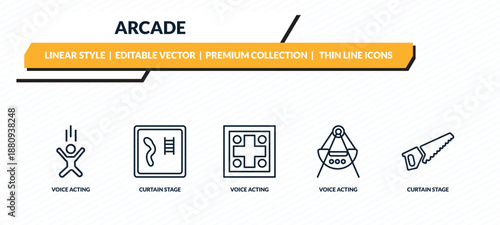 arcade icons set - voice acting, curtain stage, voice acting, voice acting, curtain stage outline vector collection.