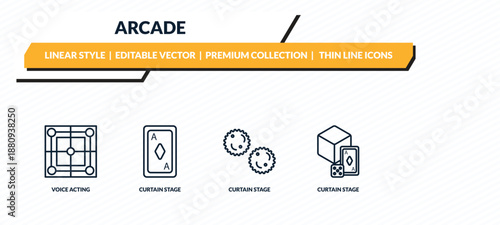 arcade icons set - voice acting, curtain stage, curtain stage, curtain stage, outline vector collection.