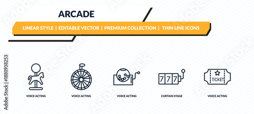 arcade icons set - voice acting, voice acting, voice acting, curtain stage, outline vector collection.