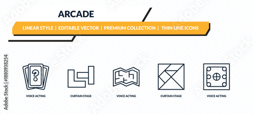 arcade icons set - voice acting, curtain stage, voice acting, curtain stage, voice acting outline vector collection.