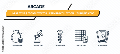arcade icons set - curtain stage, voice acting, curtain stage, voice acting, voice acting outline vector collection.