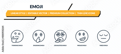 emoji icons set - thinking emoji, shushing emoji, exhausted proud tired outline vector collection.