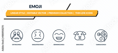 emoji icons set - crying emoji, disgusted emoji, grinning dog curious outline vector collection.