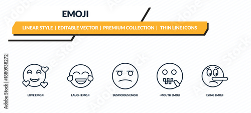emoji icons set - love emoji, laugh emoji, suspicious -mouth lying outline vector collection.