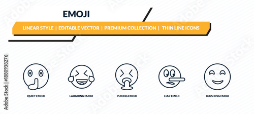 emoji icons set - quiet emoji, laughing emoji, puking liar blushing outline vector collection.