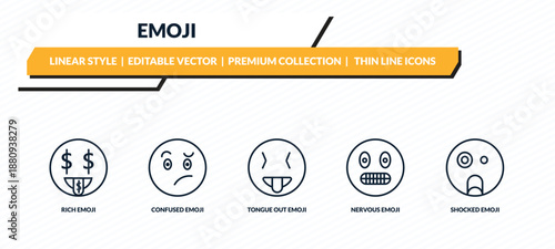 emoji icons set - rich emoji, confused emoji, tongue out nervous shocked outline vector collection.